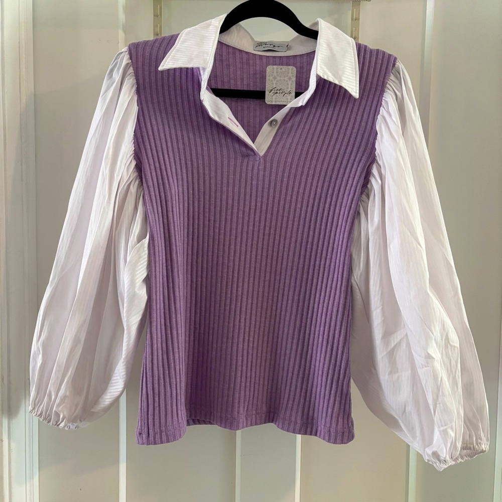 NWT Free People x Margo Baridon Purple Ribbed puff sleeve collared blouse M $272